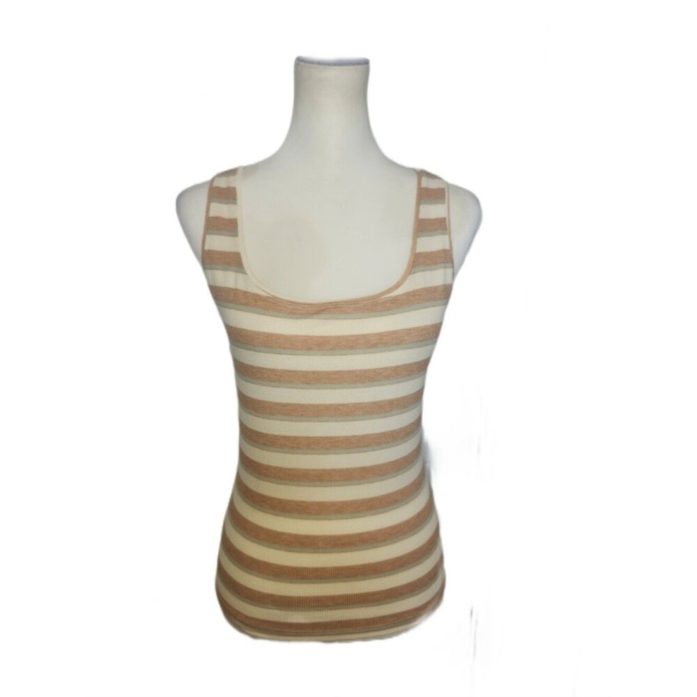 Wishlist Striped Tank Top, Tan Cream Blue Stripes, Ribbed, Bodycon, S